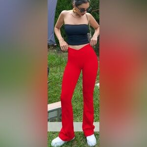 OQQ Women's Cherry Red Ribbed Flared Leggings